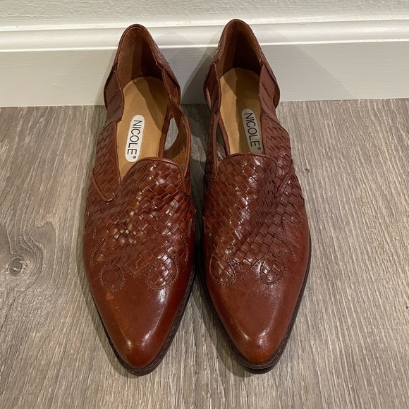 Nicole Brown Leather Loafers with Woven Design - Picture 1 of 10